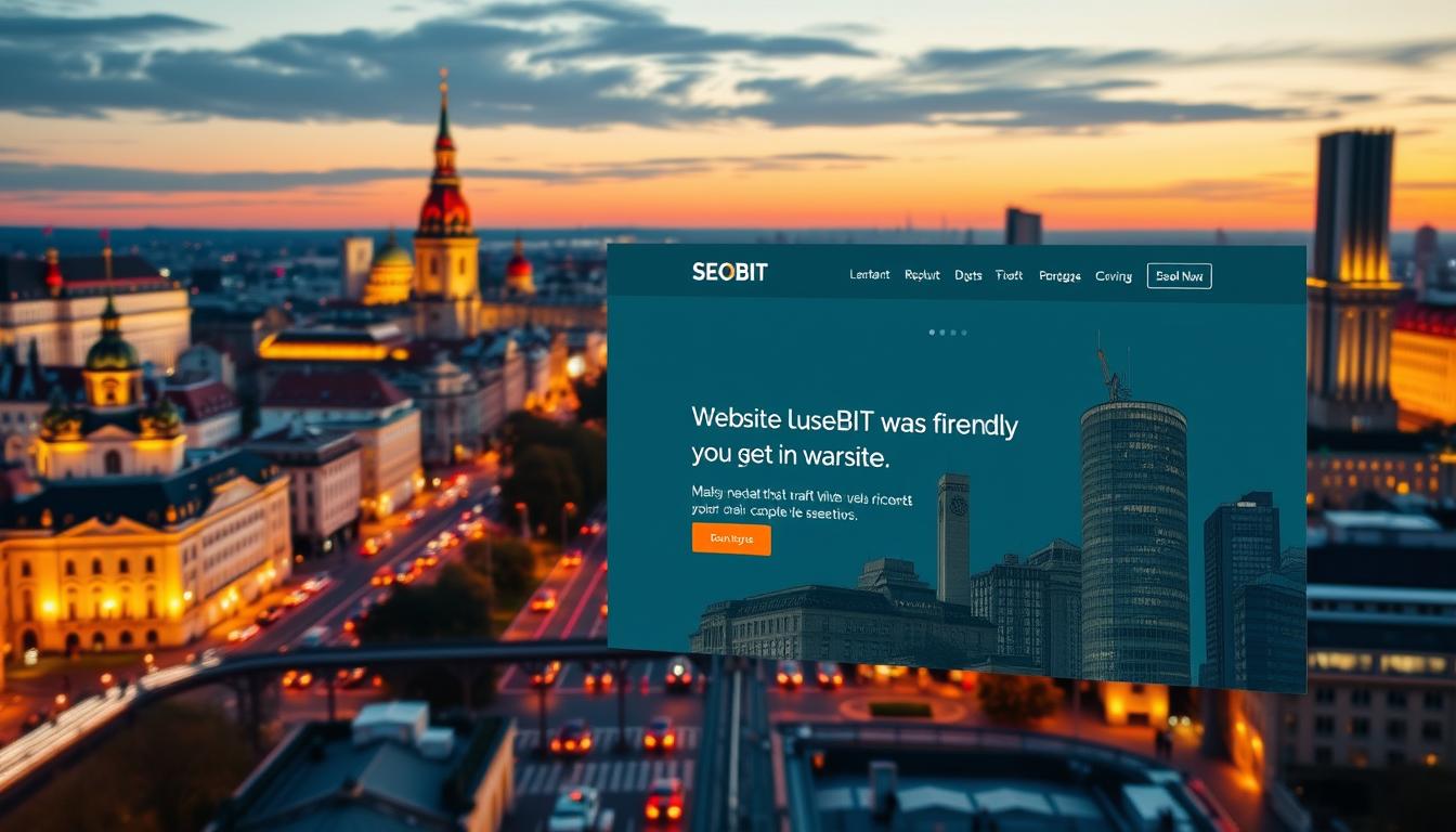 A bustling cityscape with the iconic landmarks of Warsaw in the background, illuminated by warm lighting and a vibrant color palette. In the foreground, a sleek, modern website design featuring the SEOBIT brand prominently displayed, showcasing its expertise in crafting visually appealing and user-friendly websites that captivate local clients. The website design seamlessly integrates elements that reflect the dynamic energy and cultural richness of the city, creating a visually striking and compelling online presence.