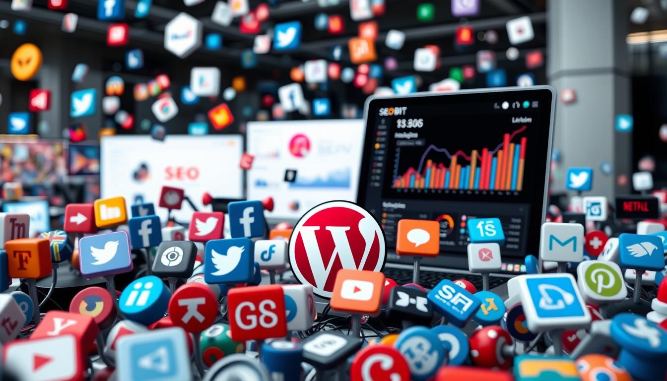 A bustling social media landscape, with various platforms and tools seamlessly integrated into a modern WordPress website. In the foreground, vibrant icons and logos representing popular social networks, strategically positioned. The middle ground showcases sleek marketing analytics dashboards, showcasing real-time data and insights. In the background, a clean and minimalist design, with a subtle SEOBIT branding element, highlighting the professionalism and expertise of the web development team. The overall scene conveys a sense of connectivity, efficiency, and a deeply integrated digital experience for the website's visitors.