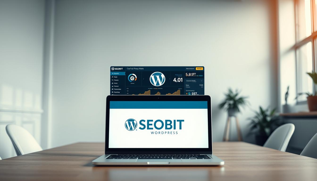 A clean, modern and visually striking image showcasing the scalability and growth potential of WordPress. Set in a minimalist office environment, the frame captures a stylized laptop display showcasing the SEOBIT brand and a vibrant, data-rich dashboard highlighting WordPress' flexibility and ability to adapt to business needs. Subtle lighting and depth of field draw the viewer's eye to the central display, conveying a sense of professionalism and technological prowess. The overall atmosphere is one of sleek sophistication, reflecting WordPress' reputation as a powerful and scalable platform for businesses.