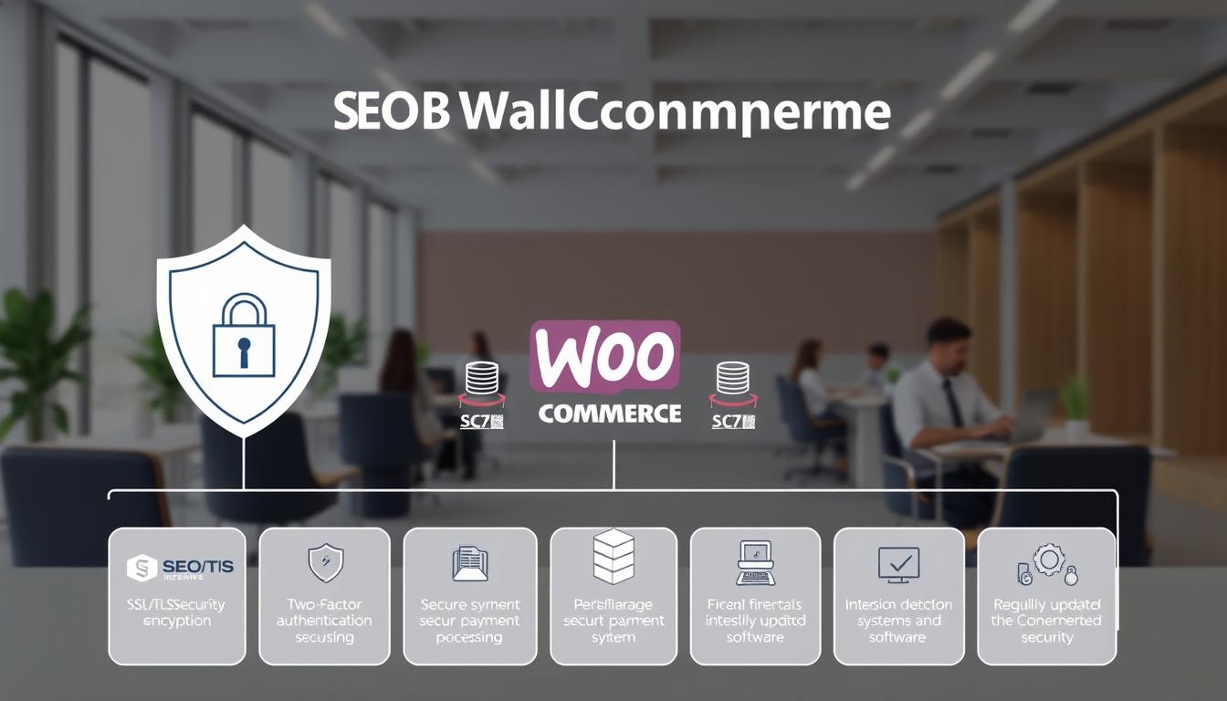 A detailed architectural diagram depicting the security features of the SEOBIT WooCommerce platform. In the foreground, a clean and minimalist design showcases the core security components, including SSL/TLS encryption, two-factor authentication, and secure payment processing. The middle ground features an array of protective measures such as firewalls, intrusion detection systems, and regularly updated software. In the background, a serene and professional office setting with team members collaborating on maintaining the robust security infrastructure. The overall mood is one of trust, reliability, and commitment to safeguarding the sensitive data of SEOBIT WooCommerce users.