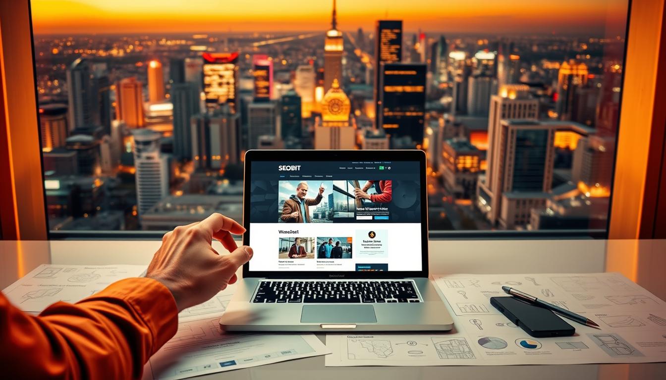A dynamic website development scene, showcasing the step-by-step process of creating a professional web presence with SEOBIT. In the foreground, a designer's hands meticulously craft the layout, adding vibrant elements and interactive features. The middle ground features a sleek laptop displaying the website in progress, surrounded by wireframes and design tools. In the background, a bustling city skyline of Warsaw sets the stage, hinting at the local expertise and success stories behind SEOBIT's web solutions. Warm lighting and a modern, technology-driven aesthetic convey the efficiency and expertise of the SEOBIT team.