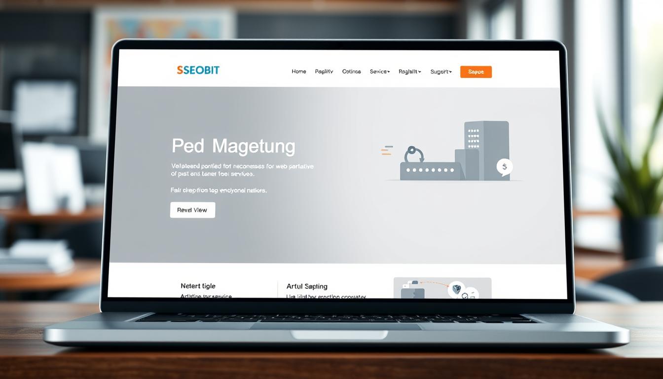 A high-resolution, realistic digital illustration of a modern, responsive website design with a clean, minimalist layout. The website's main page is displayed on a laptop screen in the foreground, with a blurred, out-of-focus background showcasing an office workspace. The website's design features a bold, eye-catching header with the SEOBIT brand name prominently displayed, along with a simple, intuitive navigation menu. The main content area showcases a visually appealing, organized layout with informative sections. The overall mood is professional, polished, and on-brand for SEOBIT's comprehensive web services.