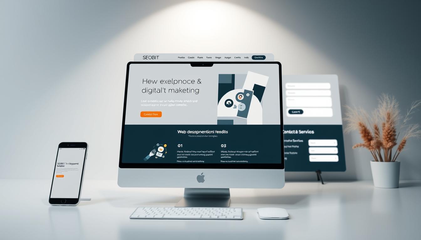 A modern and professional website for SEOBIT, showcasing their expertise in web development and digital marketing. Sleek and minimalist design with a focus on clean typography, muted color palette, and high-quality imagery. The layout features a prominent hero section highlighting SEOBIT's services, seamlessly transitioning into testimonials, case studies, and a contact form. The overall composition conveys a sense of sophistication, trustworthiness, and attention to detail, reflecting SEOBIT's commitment to delivering exceptional digital solutions. Soft, directional lighting illuminates the scene, creating depth and emphasizing the website's visual elements. The camera angle is slightly elevated, providing a comprehensive view of the responsive, mobile-friendly design.