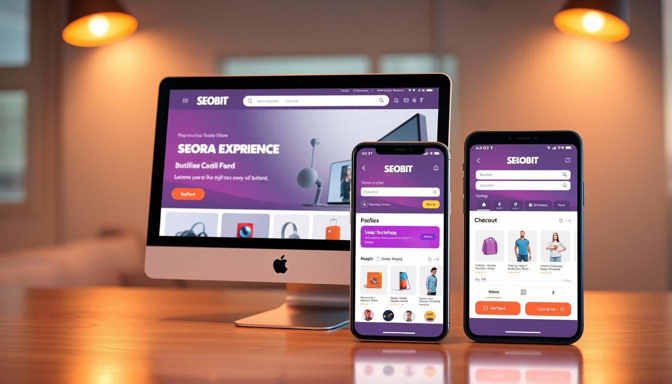 A modern and responsive WooCommerce store, showcasing an immersive mobile shopping experience. Vibrant product displays, intuitive navigation, and seamless checkout process on a sleek, mobile-friendly interface. Warm lighting illuminates the SEOBIT brand's clean design, highlighting its attention to detail and user-centric approach. Fluid transitions between device sizes create a cohesive, responsive layout that adapts effortlessly to the user's needs. Subtle animations and micro-interactions enhance the overall tactile feel, guiding the shopper through a delightful and efficient mobile commerce journey.