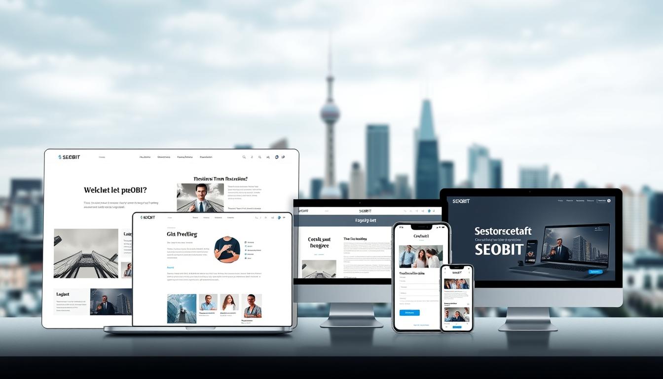 A modern and stylish website layout featuring different types of web pages for a business, with a clean and minimalist design. In the foreground, various webpage elements are showcased, such as a homepage, a product page, a blog post, and a contact form, all with the SEOBIT brand prominently displayed. In the middle ground, a responsive and mobile-friendly design is evident, with different device screens showing the website's adaptability. The background features a blurred city skyline, representing the urban setting of the business. The overall atmosphere is professional, sophisticated, and tech-forward, perfectly capturing the essence of "Nowoczesne strony internetowe dla firm w Warszawie – trendy i technologie."