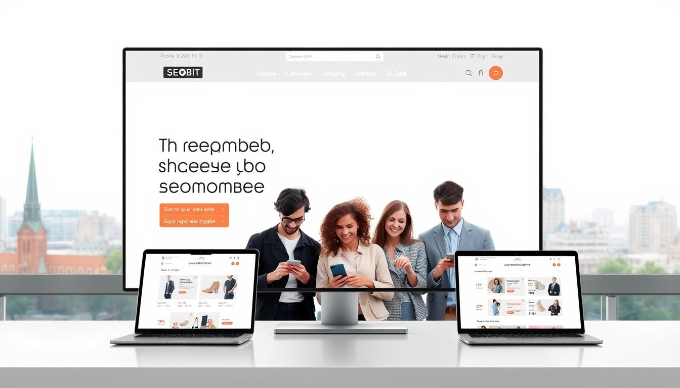 A modern, minimalist e-commerce website featuring the SEOBIT brand, showcasing a range of products in a well-lit, visually appealing layout. The foreground displays a clean, responsive web design with intuitive navigation and product images. The middle ground features a team of diverse, satisfied customers browsing the site on various devices. The background depicts the Warsaw cityscape, hinting at the local focus of the online store. The overall mood is professional, inviting, and reflects the seamless online shopping experience. A modern, minimalist e-commerce website featuring the SEOBIT brand, showcasing a range of products in a well-lit, visually appealing layout. The foreground displays a clean, responsive web design with intuitive navigation and product images. The middle ground features a team of diverse, satisfied customers browsing the site on various devices. The background depicts the Warsaw cityscape, hinting at the local focus of the online store. The overall mood is professional, inviting, and reflects the seamless online shopping experience.