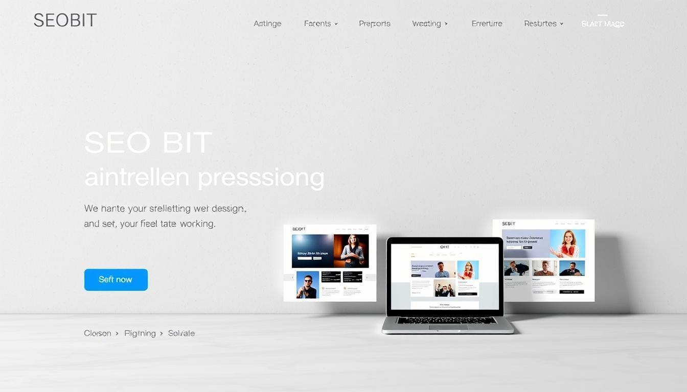 A modern, minimalist landing page for the digital marketing agency SEOBIT. The page features a hero section with a clean, eye-catching logo and a simple tagline. The middle ground showcases a series of sleek, responsive website mockups, highlighting the agency's web design capabilities. In the background, a subtly textured surface adds depth and a sense of professionalism. The overall mood is polished, contemporary, and solution-oriented, reflecting the agency's expertise in creating effective, user-friendly websites.