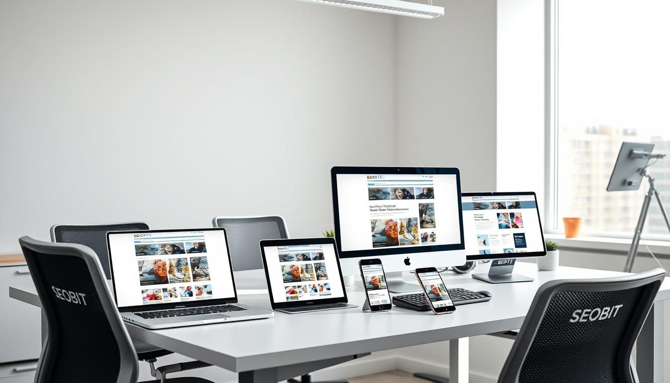 A modern, minimalist office setting with various digital devices and screens showcasing responsive web design. Bright, natural lighting illuminates the workspace, highlighting sleek, metal-framed monitors and minimalist, ergonomic furniture. SEOBIT-branded laptops, tablets, and smartphones of different sizes and orientations are arranged on the desk, each displaying a website that seamlessly adapts to the screen size. Subtle color accents, such as a potted plant or a geometric art piece, add a touch of personality to the scene. The overall atmosphere conveys a sense of professionalism, efficiency, and attention to detail in the process of testing website responsiveness across diverse devices.