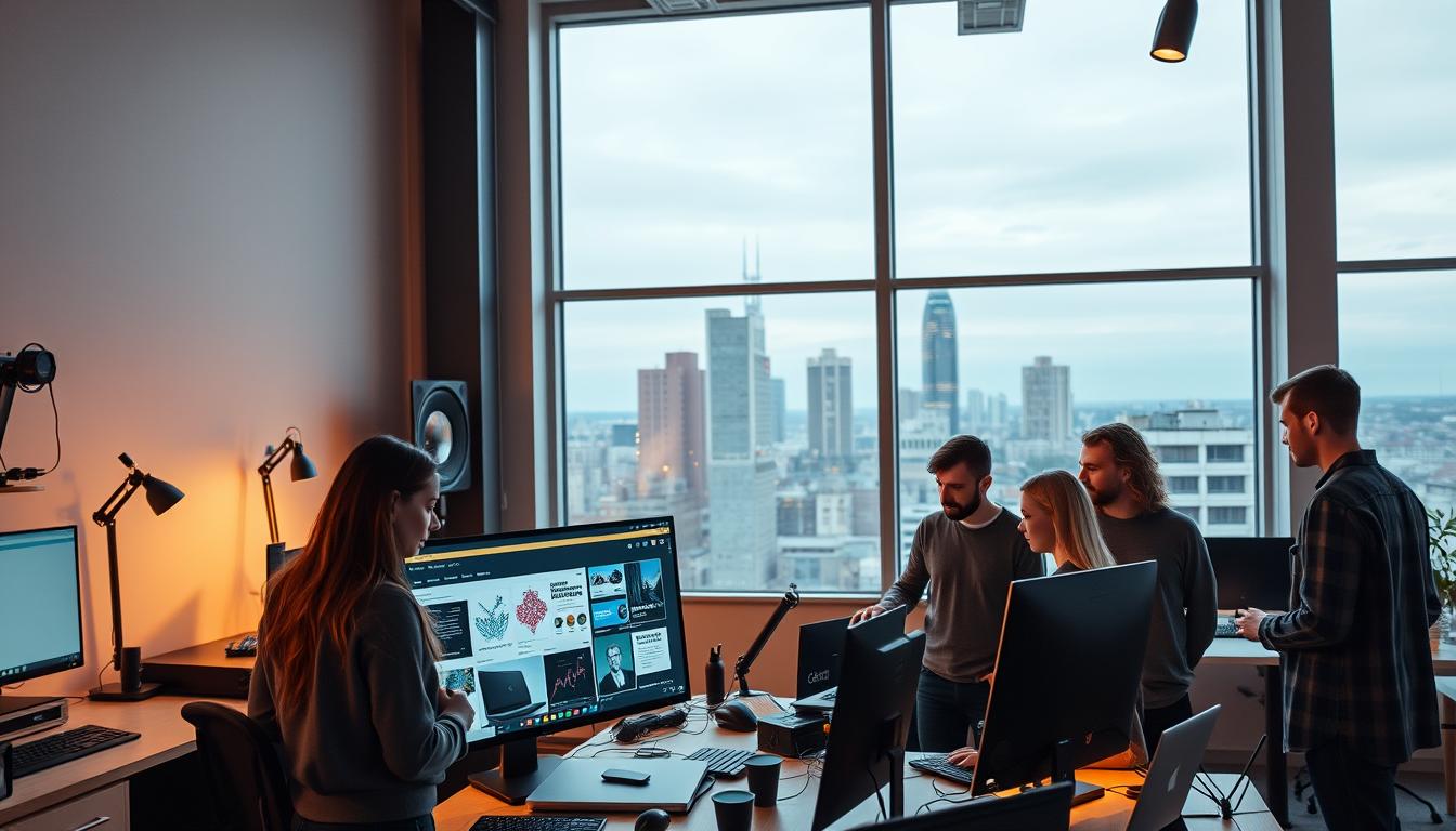 A modern, minimalist web design studio located in the heart of Warsaw, Poland. Warm lighting illuminates a clean, open workspace filled with the latest hardware and software tools. In the foreground, a team of passionate designers huddle around a large touchscreen monitor, examining the latest local web design trends and discussing strategies to incorporate SEOBIT's unique brand identity. In the background, the Warsaw skyline is visible through floor-to-ceiling windows, a testament to the studio's connection to the city's thriving digital landscape. An atmosphere of focused creativity and collaborative innovation permeates the scene.