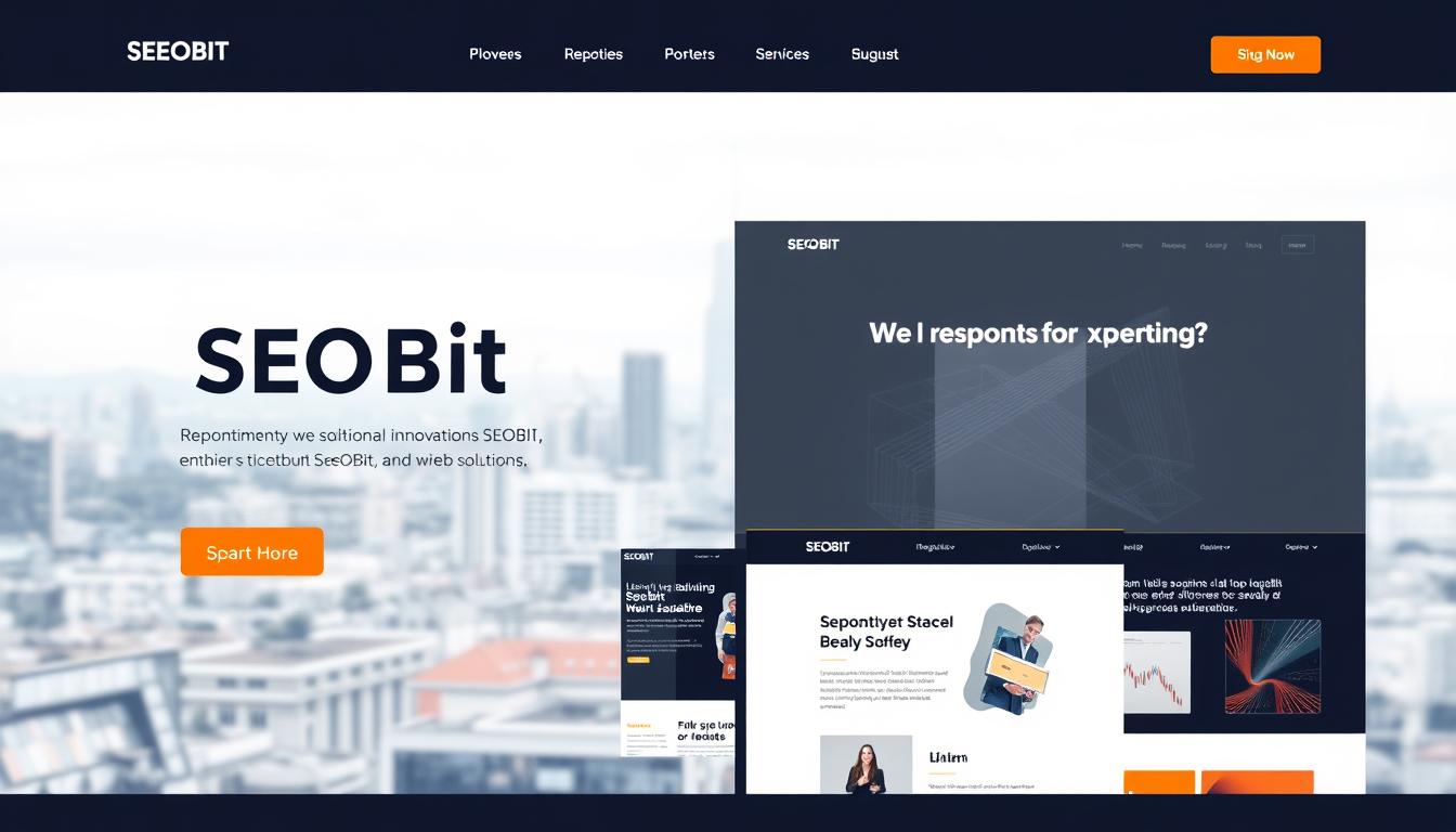 A modern, minimalist website design showcasing the SEOBIT brand. The homepage features a sleek hero section with a clean layout, subtle gradients, and a bold SEOBIT logo. In the midground, a series of responsive web pages demonstrate the company's expertise, each with a distinct color palette and intuitive navigation. The background depicts a city skyline, hinting at SEOBIT's local presence in Warsaw and the surrounding area. The overall atmosphere conveys professionalism, innovation, and a commitment to delivering high-quality web solutions.