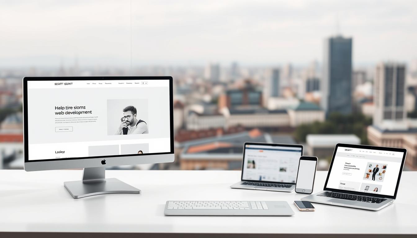 A modern, minimalist website design with a clean, intuitive interface. A desktop computer in the foreground displays a minimalist website layout with a large hero image, prominent navigation menu, and content sections. The middle ground features various web development tools and technologies, including a laptop, tablet, and smartphone, all showcasing SEOBIT's web design capabilities. The background depicts a blurred cityscape of Warsaw, symbolizing the local nature of the services. Soft, natural lighting illuminates the scene, creating a professional, high-quality aesthetic. The overall mood is one of efficiency, expertise, and a focus on delivering top-notch web solutions.