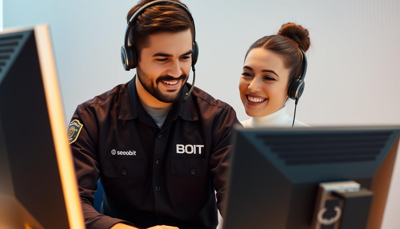A modern office workspace with a technician providing technical support to a client using a desktop computer. The SEOBIT logo is prominently displayed on the technician's uniform, conveying the brand's expertise and reliability. Warm, soft lighting illuminates the scene, creating a welcoming and professional atmosphere. The technician's face is partially obscured, emphasizing the focus on the task at hand. The client's expression is one of relief and satisfaction, reflecting the high-quality support provided by SEOBIT. The background features a clean, minimalist design with subtle textures, keeping the attention on the central interaction.