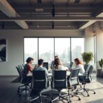 A modern, well-lit office space with a large window overlooking a bustling city skyline. In the foreground, a team of designers and developers from the SEOBIT digital agency collaborate on a laptop, brainstorming ideas for a new website. The middle ground features a sleek, minimalist conference table surrounded by ergonomic chairs, creating an atmosphere of professionalism and creativity. In the background, abstract artworks and motivational quotes adorn the walls, reflecting the agency's commitment to innovation and excellence. The lighting is natural, with soft, diffused sunlight filtering in, casting a warm, productive glow over the entire scene.