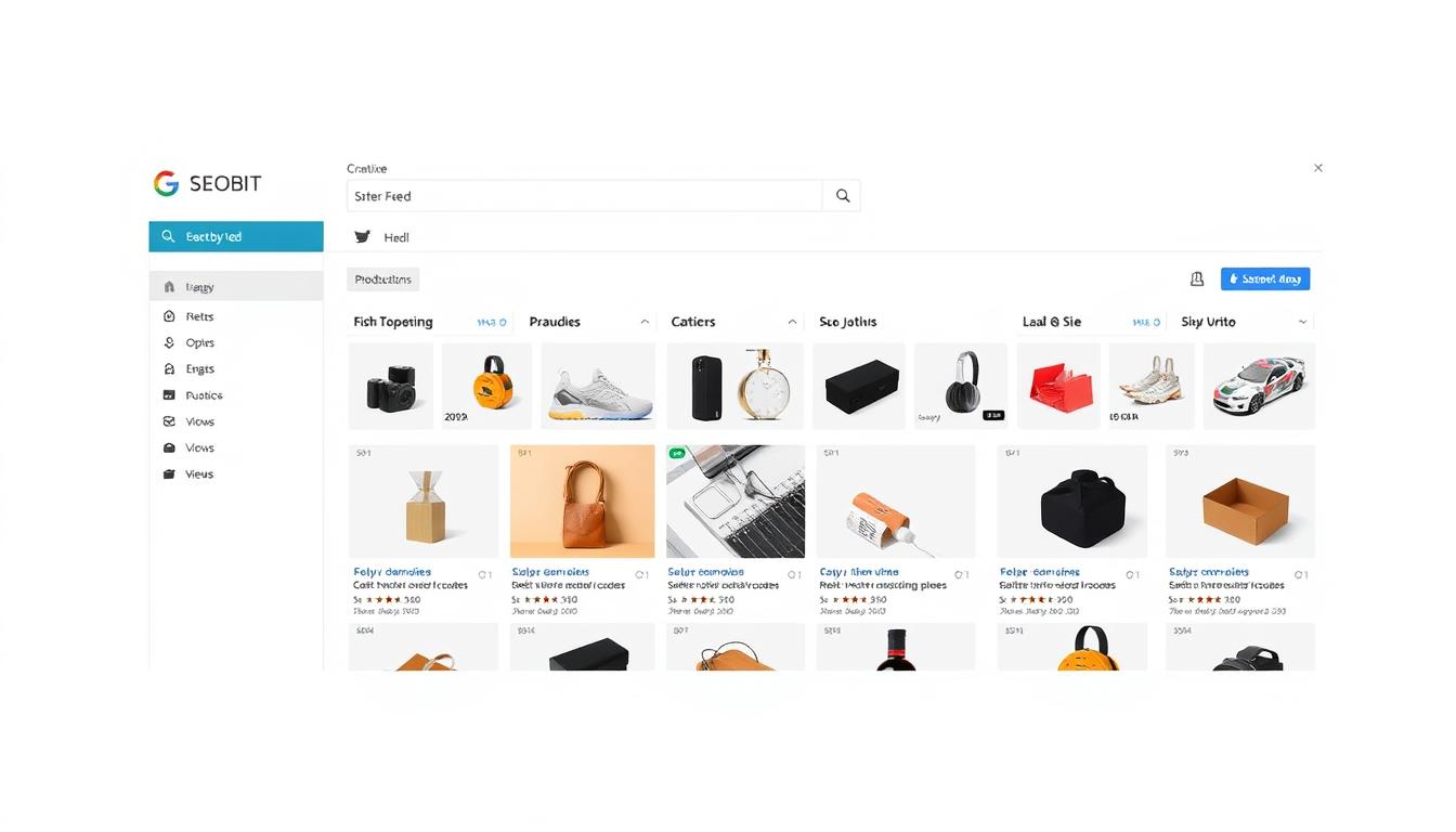 A neatly organized product feed displayed on a clean, minimalist webpage. The feed showcases a collection of high-quality product images, each with a clear, product-focused composition. The images are accompanied by concise, informative product titles and details, presented in a visually appealing, easy-to-scan format. The overall design is sleek and professional, with muted tones and a touch of SEOBIT branding that seamlessly integrates into the layout. Soft, directional lighting illuminates the products, highlighting their features and creating a sense of depth and dimension. The page conveys a sense of order, efficiency, and attention to detail, reflecting the requirements of an effective Google Merchant Center feed.