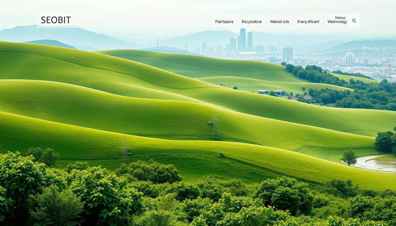 A serene green landscape with rolling hills and lush foliage, representing the natural world. In the foreground, a modern, minimalist website design with clean lines, a muted color palette, and subtle SEOBIT branding elements. The middle ground features an array of ecologically-conscious web design elements, such as plant-based icons, recycled materials, and energy-efficient technology. The background depicts a cityscape, hinting at the integration of sustainable practices in urban web development. The overall scene conveys a harmonious balance between nature and technology, embodying the concept of "Ekologiczne projektowanie stron".