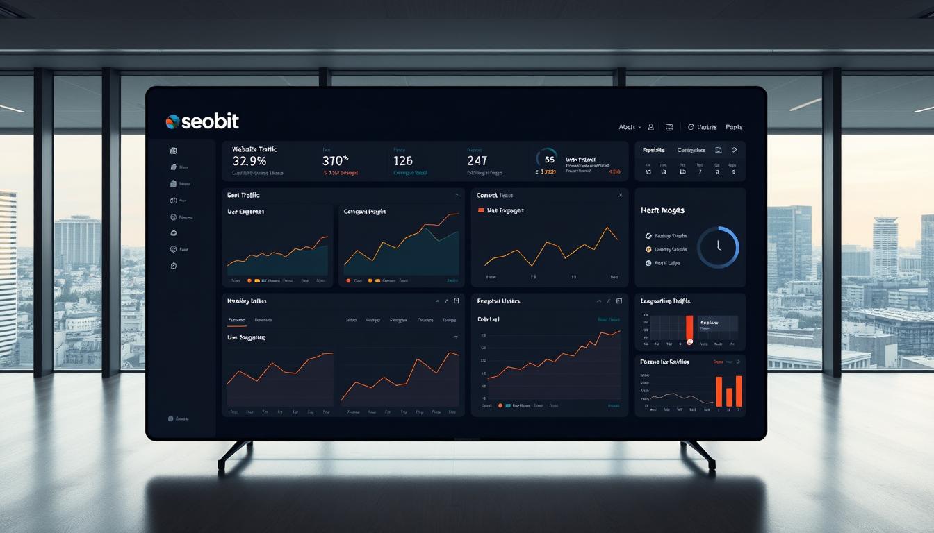 A sleek and modern web analytics dashboard with the SEOBIT logo prominently displayed. The dashboard features a variety of interactive graphs, charts, and data visualizations, showcasing key performance metrics like website traffic, user engagement, and conversion rates. The layout is clean and minimalistic, with a dark color scheme and subtle accent colors. Soft lighting casts a warm glow over the scene, creating a professional and authoritative atmosphere. The dashboard is situated in a minimalist office setting, with floor-to-ceiling windows overlooking the bustling city of Warsaw in the background.