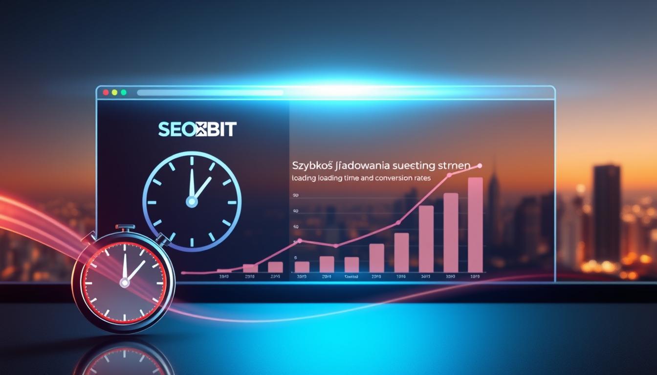 A sleek, modern webpage shimmering against a backdrop of ethereal light, the SEOBIT brand prominently displayed. In the foreground, a stopwatch icon pulsates, visualizing the swift loading speed. Subtle gradients and geometric elements create a sense of dynamism, underscoring the importance of site performance. The middle ground showcases a bar graph, data points rising swiftly to illustrate the direct correlation between loading time and conversion rates. In the distance, a city skyline hints at the local focus, while a warm, inviting color palette evokes a sense of professionalism and trust. Crisp, high-definition rendering captures every nuanced detail, delivering a visually compelling representation of "szybkość ładowania strony" and its impact.