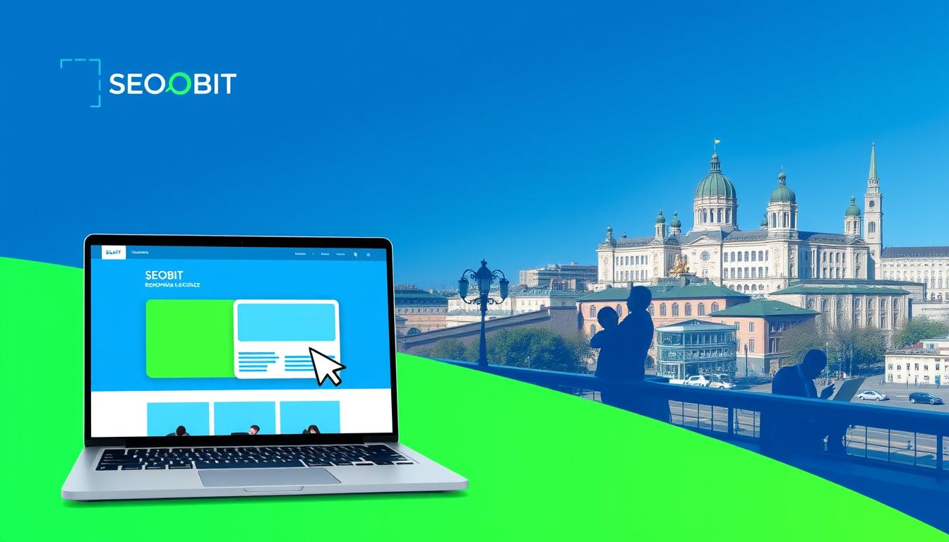 A sleek, modern website design in vibrant shades of blue and green, featuring clean lines, minimalist layout, and a bold SEOBIT logo. The foreground showcases an elegant laptop displaying a responsive web page, with a stylized cursor navigating the interface. The middle ground features a team of web developers collaborating on laptops, their faces obscured to maintain focus on the design process. The background depicts the Warsaw cityscape, with iconic landmarks like the Palace of Culture and Science visible in the distance, suggesting the local context. The overall mood is one of professionalism, innovation, and attention to detail, capturing the essence of creating high-quality websites for businesses in Warsaw.
