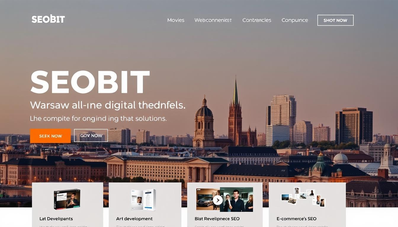 A sleek, modern website with a clean, minimalist design. A hero section showcases the SEOBIT brand, with a focus on Warsaw-based services like web development, e-commerce, and SEO. The middle ground features various website elements like navigation menus, product images, and call-to-action buttons. In the background, a cityscape of Warsaw's iconic architecture provides a sophisticated, urban setting. The lighting is soft and warm, creating a professional and trustworthy atmosphere. The overall composition conveys the convenience and expertise of SEOBIT's all-in-one digital solutions.