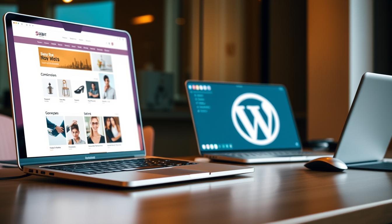 A sleek, modern website with a clean, minimalist design. In the foreground, a laptop displaying a WooCommerce online store, its intuitive interface showcasing product images and descriptions. In the middle ground, a developer's desk with a keyboard, mouse, and a WordPress logo, reflecting the versatility of the platform. The background features a city skyline, hinting at the professional, urban setting of the SEOBIT WARSZAWA agency. Warm, natural lighting casts a subtle glow, creating a welcoming, productive atmosphere. The composition emphasizes the collaborative process of building online presences, from concept to implementation, with SEOBIT WARSZAWA as the trusted partner.