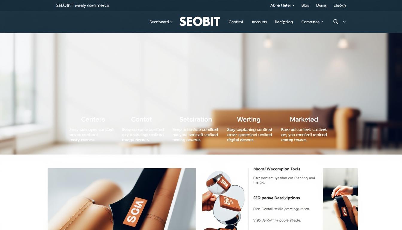 A sophisticated, glossy ecommerce website with the SEOBIT brand prominently displayed. The layout features large, high-quality product images in the foreground, with a clean and minimalist design. The middle ground showcases various WooCommerce customization options, such as content optimization tools and SEO-focused product descriptions. In the background, there are subtle graphics and icons representing digital marketing strategies. The lighting is bright and natural, creating a professional and authoritative atmosphere. The overall composition conveys the idea of a well-optimized, search engine-friendly online store.
