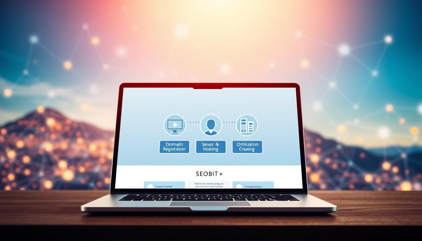 A vibrant digital landscape showcasing the comprehensive internet services of SEOBIT. In the foreground, a sleek, modern laptop displaying a clean, minimalist website interface. The middle ground features a trio of interconnected icons representing the key services - domain registration, server hosting, and SEO optimization. In the background, a stylized network of digital nodes and connections, symbolizing the seamless integration of these services. The scene is bathed in a warm, inviting lighting, conveying a sense of professionalism and expertise. The overall composition emphasizes the all-in-one nature of SEOBIT's offerings, catering to the diverse needs of businesses in the digital realm.