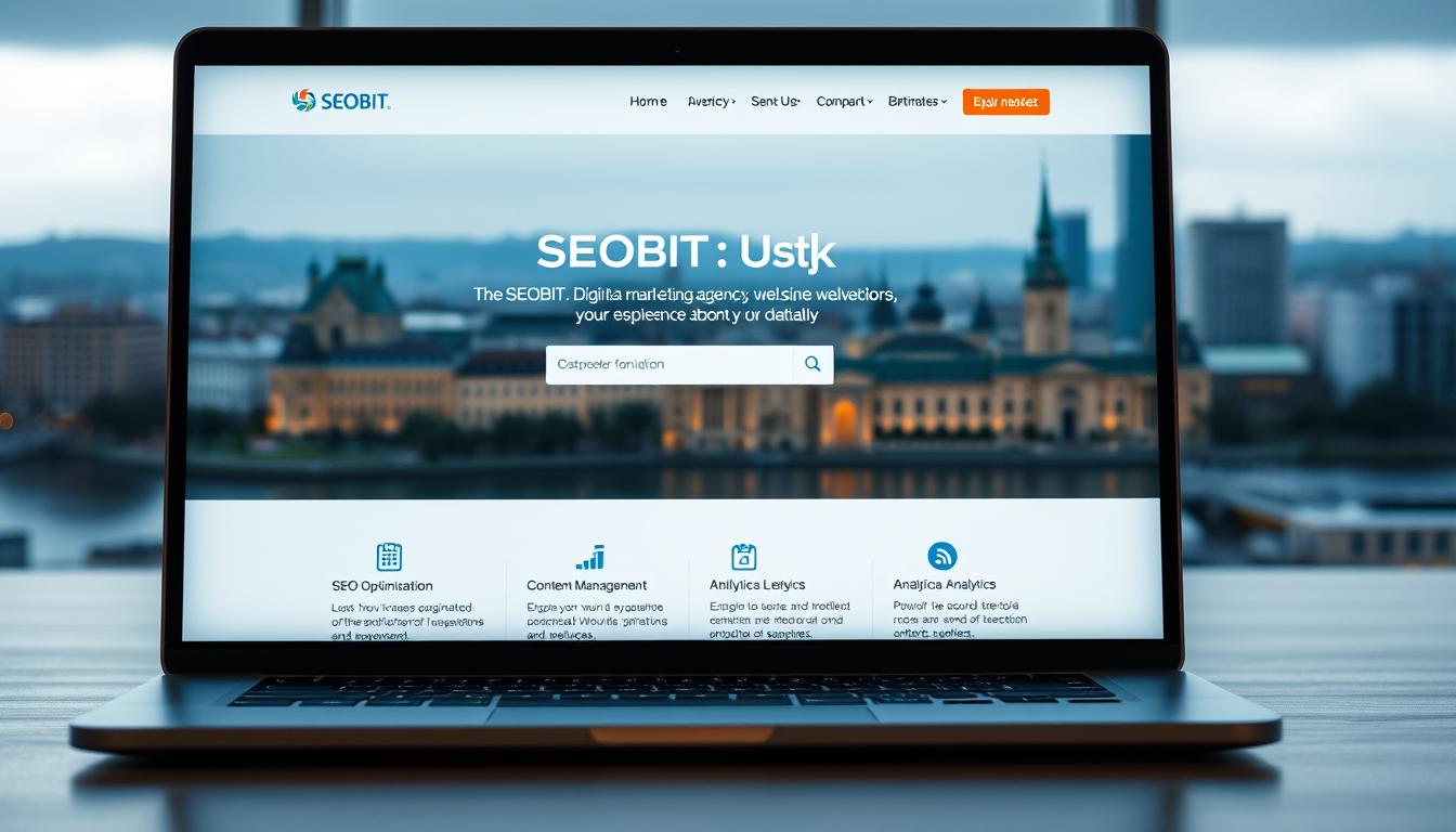 A well-lit, user-friendly website for the SEOBIT digital marketing agency in Warsaw. The website's clean, modern design features intuitive navigation and engaging visuals. In the foreground, a laptop display showcases the website's responsive layout, optimized for seamless user experience across devices. In the middle ground, design elements highlight key features like SEO optimization, content management, and analytics. The background depicts the Warsaw cityscape, symbolizing the agency's local expertise and global reach. Soft, diffused lighting creates a professional, inviting atmosphere, emphasizing the website's emphasis on user-centric design and performance.
