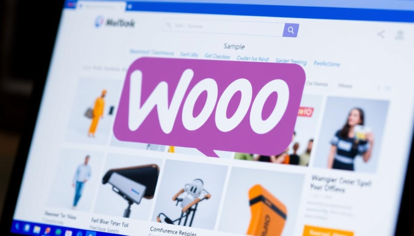 Grafika przedstawiająca logo WooCommerce na tle ekranu komputera z przykładowym sklepem internetowym Grafika przedstawiająca logo WooCommerce na tle ekranu komputera z przykładowym sklepem internetowym
