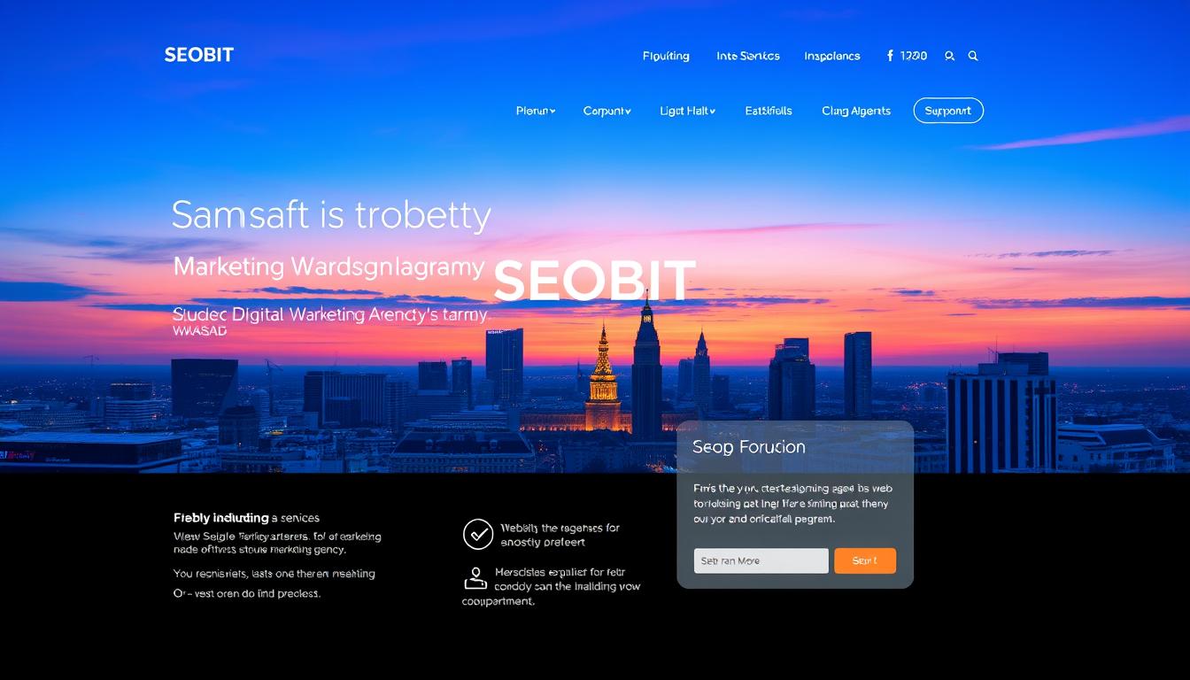 High-resolution digital illustration of a modern website design for a digital marketing agency located in Warsaw, Poland. The website showcases a sleek, minimalist layout with clean typography and well-organized content sections. The foreground features a large hero image of the Warsaw skyline at sunset, with the SEOBIT logo prominently displayed. The middle ground includes various user interface elements like navigation menus, content blocks, and call-to-action buttons. The background depicts a subtle grid pattern, hinting at the technical and structured nature of web development. The overall mood is professional, sophisticated, and visually striking, reflecting the expertise and attention to detail of the SEOBIT agency.