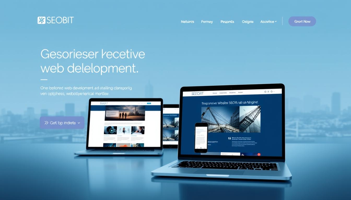 Strony internetowe: a sleek, modern web design showcasing the expertise of SEOBIT. A minimalist layout in shades of blue and gray, with clean typography and vibrant visual elements. The foreground features a laptop displaying a responsive website, crisp and polished. In the middle ground, various digital devices - tablets, smartphones - demonstrate the cross-platform capabilities. The background depicts a city skyline, hinting at the local market focus. Soft, directional lighting illuminates the scene, creating a sense of professionalism and innovation. The overall mood is one of sophistication and technological prowess, positioning SEOBIT as a leading web development agency in Warsaw.