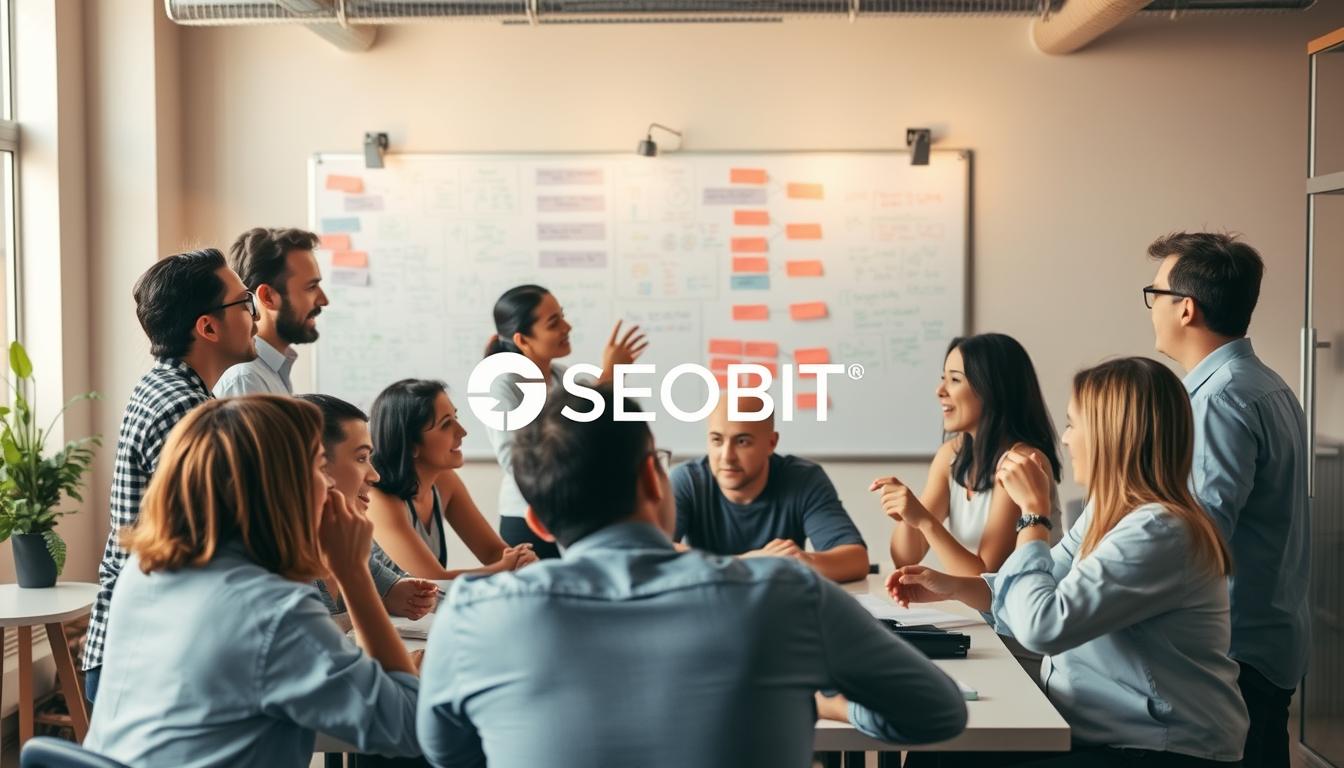 A bustling office setting, filled with collaboration and teamwork. In the foreground, a group of professionals gathered around a table, engaged in a lively discussion, their expressions animated and their gestures expressive. In the middle ground, a large whiteboard adorns the wall, covered in colorful diagrams and notes, a testament to the creative problem-solving underway. The background is bathed in warm, natural lighting, casting a soft glow over the scene and creating a sense of productivity and focus. The SEOBIT logo is prominently displayed, signifying the agency's role in facilitating this cooperative process.