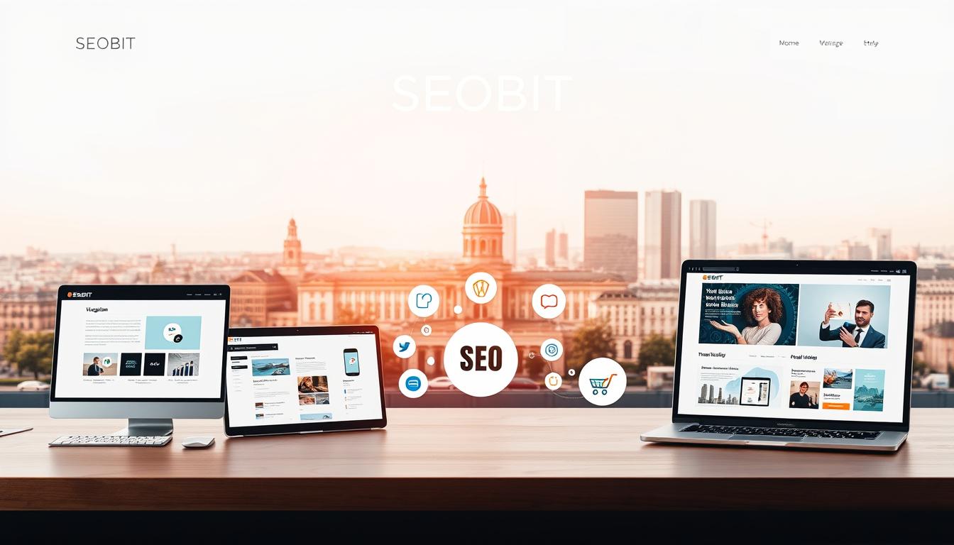 A clean, modern website showcasing the robust functionalities of SEOBIT's web design services in Warsaw. In the foreground, various website elements elegantly arranged - sleek navigation menus, responsive layouts, interactive features. The middle ground depicts stylized representations of SEO optimization, social media integration, e-commerce capabilities. In the background, a cityscape of Warsaw's iconic architecture, conveying the local expertise of SEOBIT. The lighting is warm and inviting, capturing the professional yet approachable nature of SEOBIT's offerings. The composition uses a balanced, symmetrical layout to emphasize the comprehensive, cohesive nature of their web design solutions.