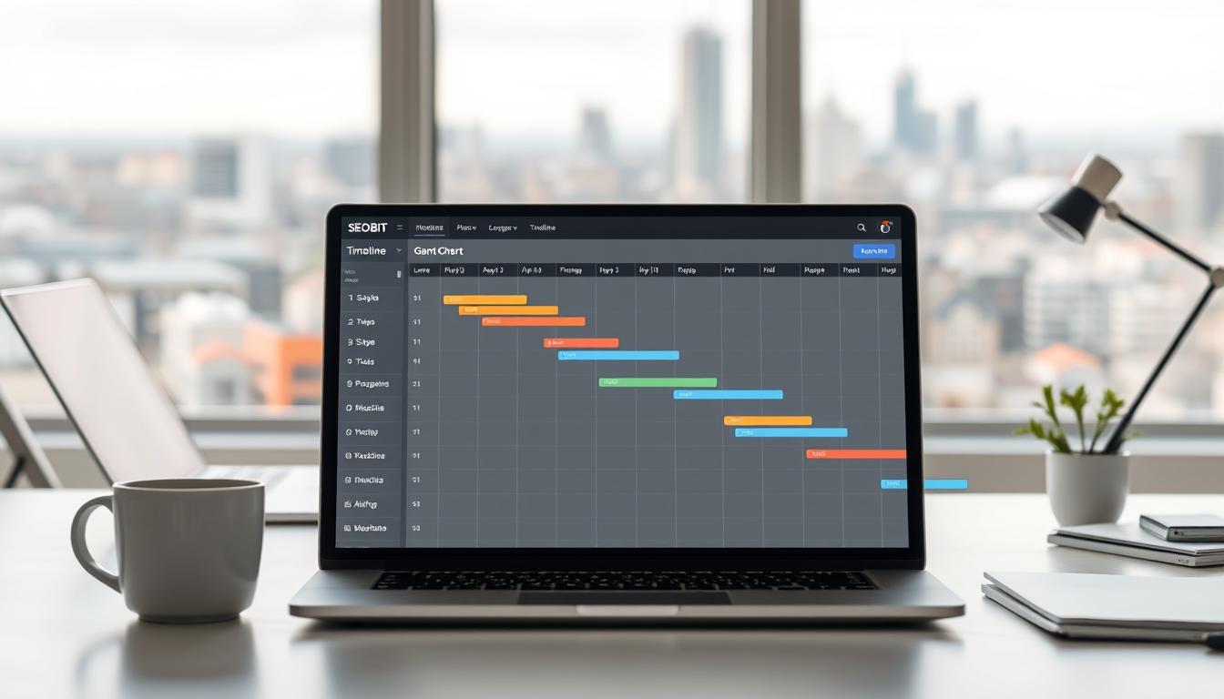 A meticulously crafted website project timeline, designed with precision and attention to detail. In the foreground, a sleek, minimalist interface showcases a SEOBIT-branded Gantt chart, its bars and milestones neatly organized. The middle ground features a serene, softly-lit workspace, with a laptop, coffee mug, and a well-appointed desk. In the background, a blurred cityscape of Warszawa's skyline, hinting at the client's location. The overall tone is one of professionalism, efficiency, and a dedication to delivering exceptional web design services.