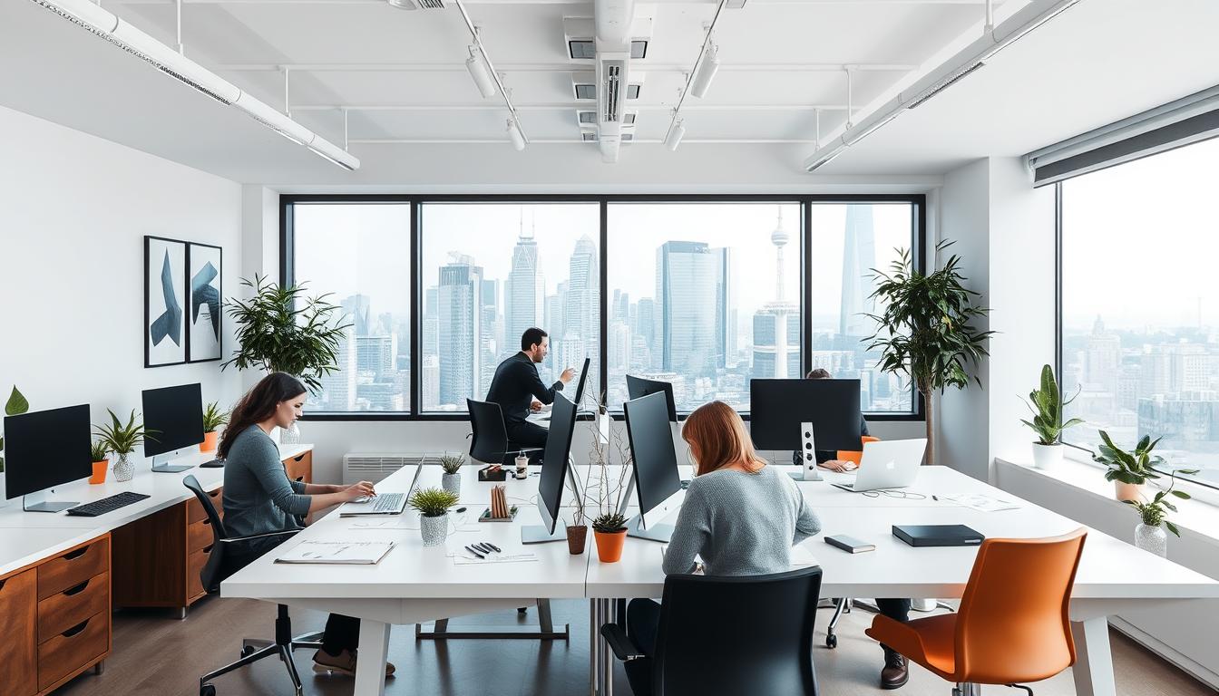 A modern, minimalist web design studio with clean lines and warm accents. Bright, airy workspace with large windows overlooking a bustling city skyline. SEOBIT team members collaborate at sleek desks, sketching wireframes and coding responsive layouts. Carefully curated tech accessories, plants, and inspirational artwork adorn the space. Soft, even lighting from overhead fixtures casts a pleasant glow. The mood is focused, yet welcoming - a space that nurtures creativity and productivity.