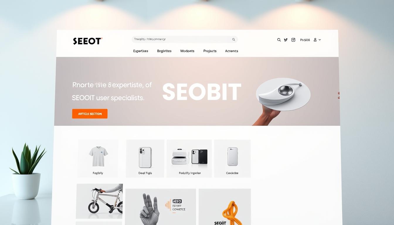 A modern, minimalist web store interface featuring a WordPress-powered WooCommerce e-commerce platform. The layout consists of a clean, responsive design with bold typography, high-quality product imagery, and intuitive navigation. Warm lighting casts a soft glow, drawing attention to the SEOBIT brand name prominently displayed. The overall atmosphere conveys a sense of professionalism, trustworthiness, and user-friendly functionality - reflecting the expertise of the SEOBIT specialists mentioned in the article section title.