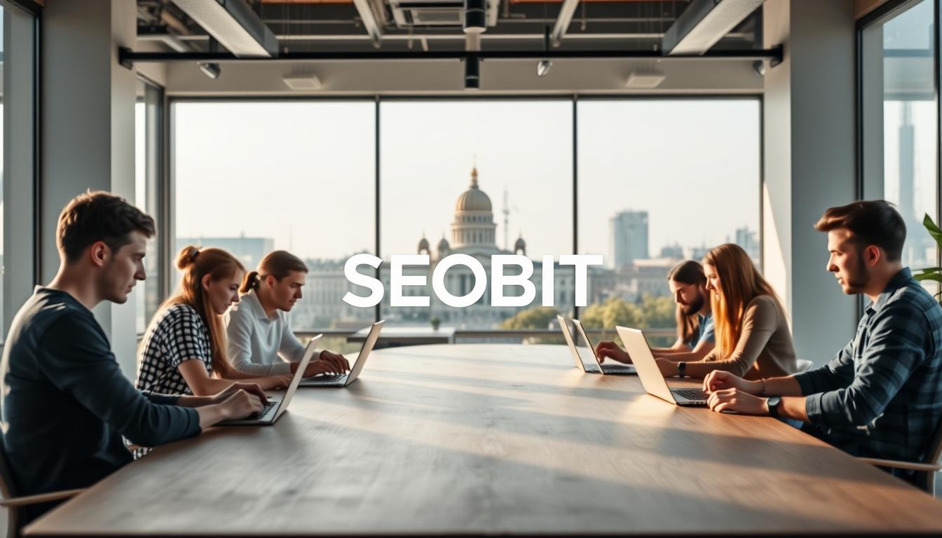 A modern, minimalist website design studio in the heart of Warsaw, Poland. In the foreground, a group of young web developers collaborate at a long wooden table, their faces focused on their laptop screens. Overhead, soft natural lighting filters through large windows, casting a warm glow on the space. In the middle ground, a stylized SEOBIT logo stands prominently, conveying the company's expertise in search engine optimization and web development. The background features the iconic Warsaw skyline, with the Palace of Culture and Science towering in the distance, symbolizing the city's vibrant tech and creative landscape. The overall atmosphere is one of productivity, innovation, and a commitment to building exceptional websites for clients in Warsaw.