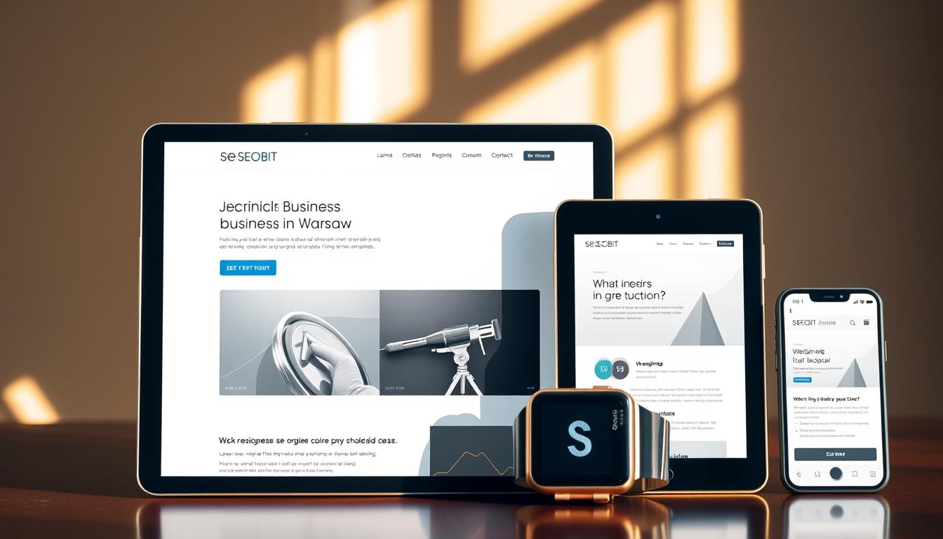 A modern, responsive website displayed on a variety of mobile devices, including a smartphone, tablet, and smartwatch. The website features the SEOBIT brand prominently, with a sleek and minimalist design. The layout adapts seamlessly to different screen sizes, ensuring optimal user experience across devices. Warm, natural lighting illuminates the scene, creating a welcoming and professional atmosphere. The overall composition emphasizes the versatility and accessibility of the website, reflecting its suitability for businesses in Warsaw. A modern, responsive website displayed on a variety of mobile devices, including a smartphone, tablet, and smartwatch. The website features the SEOBIT brand prominently, with a sleek and minimalist design. The layout adapts seamlessly to different screen sizes, ensuring optimal user experience across devices. Warm, natural lighting illuminates the scene, creating a welcoming and professional atmosphere. The overall composition emphasizes the versatility and accessibility of the website, reflecting its suitability for businesses in Warsaw.