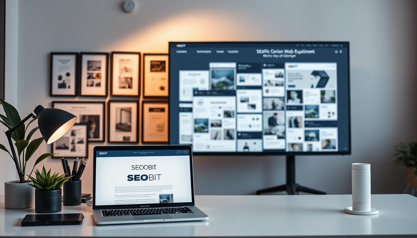A portfolio of web design projects on a modern, minimalist desk. In the foreground, a laptop displays a sleek, responsive website for the SEOBIT brand. Stylish office supplies and a potted plant frame the scene. The middle ground features an array of framed website mockups and design sketches, showcasing the agency's creative process. In the background, a large monitor displays a full-screen presentation of the company's web development work, bathed in warm, directional lighting that casts subtle shadows. The overall atmosphere is one of professionalism, creativity, and attention to detail.