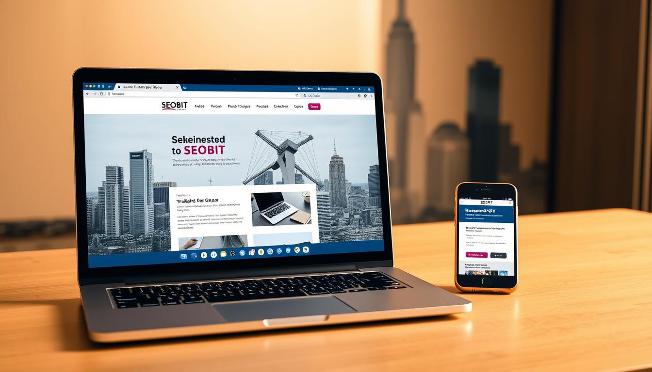 A professional website with a clean, modern design. A laptop in the foreground displays a SEOBIT webpage, showcasing its sleek interface and high-quality content. In the middle ground, a smartphone and tablet demonstrate the website's responsive layout. The background features a city skyline, conveying the professionalism and sophistication of the SEOBIT brand. Warm, directional lighting creates depth and highlights the devices, while a soft, muted color palette reflects the website's elegance. The overall scene emphasizes the benefits of a professionally-designed, user-friendly online presence for businesses in Warsaw.