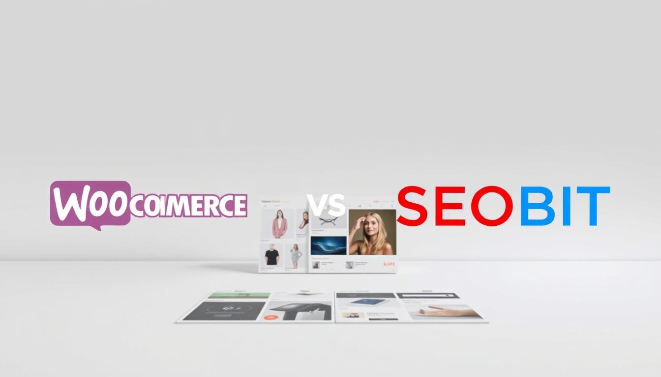 A side-by-side comparison of popular e-commerce platforms like WooCommerce and SEOBIT, showcased in a clean, minimalist style. The foreground features sleek, modern icons and logos for each platform, arranged symmetrically. The middle ground depicts a series of product images, demonstrating the platforms' features and capabilities. The background is a soft, muted gradient, creating a sense of depth and focus on the central elements. The lighting is soft and diffused, highlighting the platforms' professional and trustworthy nature. Captured with a wide-angle lens to provide a comprehensive view of the comparative landscape.