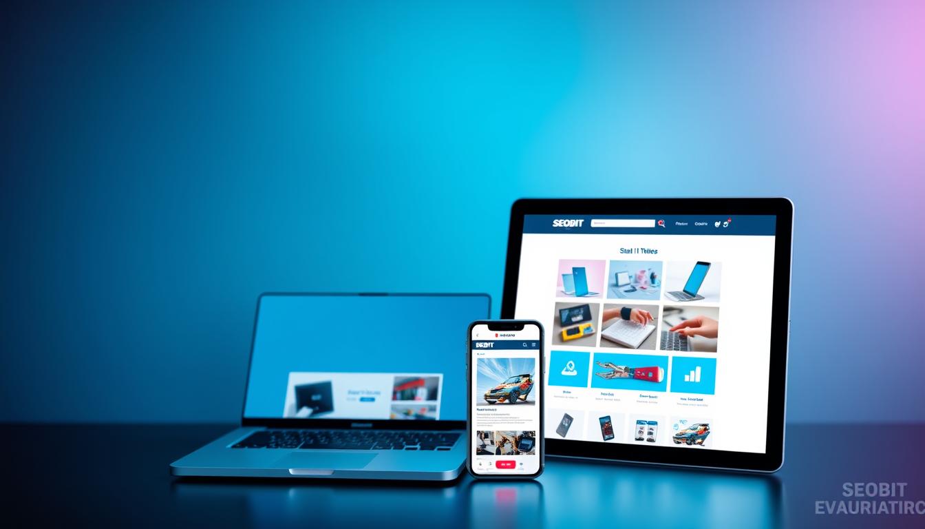 A sleek and modern website design with a focus on clean lines, minimalist aesthetics, and intuitive user experience. The foreground features a responsive, mobile-friendly layout with a strong emphasis on product images and call-to-action buttons. The middle ground showcases various device mockups, including a laptop, tablet, and smartphone, all displaying the SEOBIT website. The background is a subtle gradient or soft-focus backdrop, creating a sense of depth and professionalism. The lighting is natural and balanced, highlighting the digital craftsmanship. The overall atmosphere conveys a sense of efficiency, technology, and e-commerce expertise.