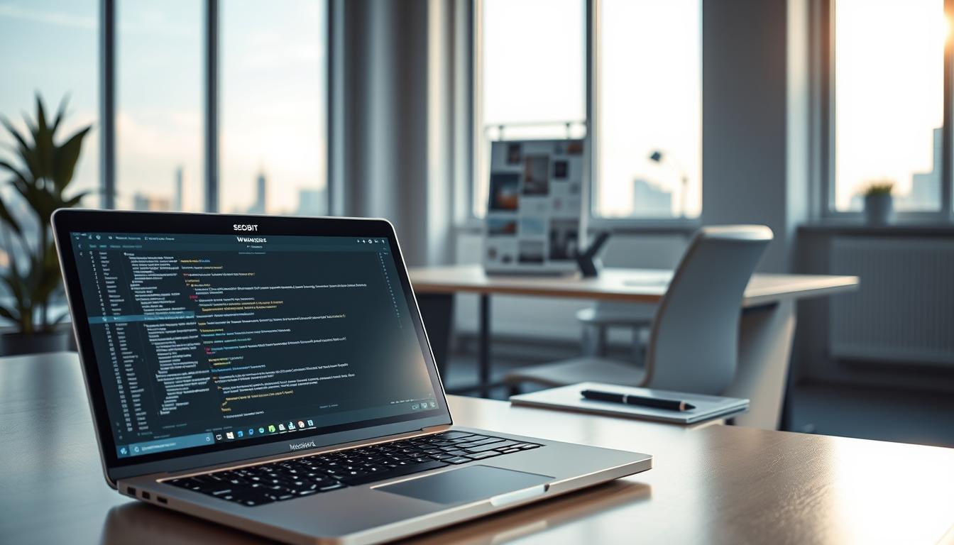 A sleek, modern website design unfolds in a well-lit, minimalist office setting. In the foreground, a SEOBIT-branded laptop showcases intricate code snippets and layout elements, hinting at the technical expertise behind the creation. The middle ground features a designer's desk with a tablet, stylus, and inspiration mood board, capturing the creative process. The background depicts floor-to-ceiling windows overlooking the Warsaw skyline, evoking a sense of professionalism and city-based expertise. Soft, directional lighting casts a warm, productive glow, while the overall composition conveys a polished, inviting atmosphere for the viewer to engage with the website design services on offer.