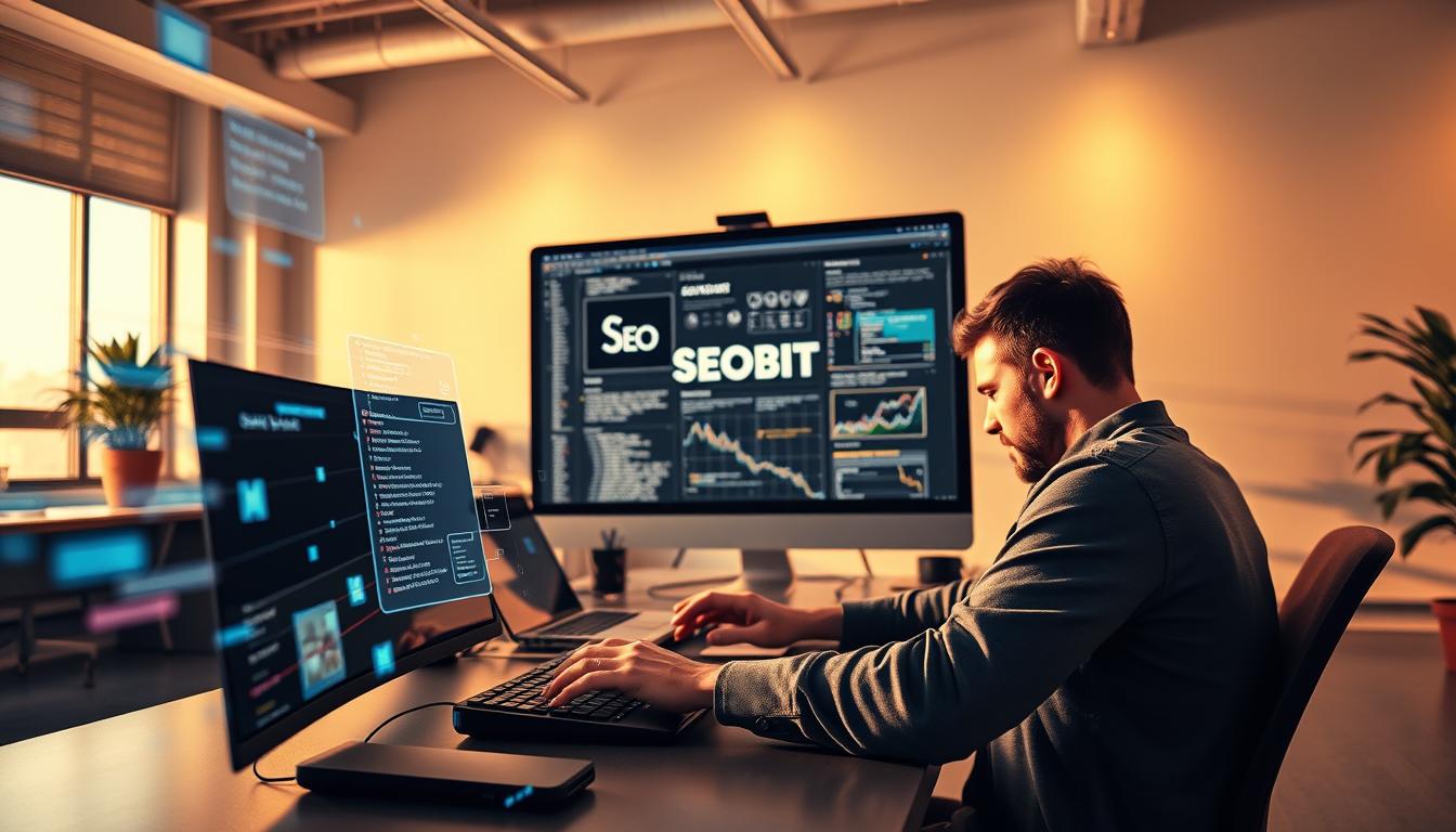 A vibrant and modern web development scene, with a SEOBIT team meticulously crafting a sleek, responsive website. The foreground features a developer intently typing on a keyboard, surrounded by holographic UI elements and lines of code floating in the air. In the middle ground, a large monitor displays a website wireframe, with the SEOBIT logo prominently showcased. The background depicts a minimalist office space, bathed in warm, directional lighting that casts dynamic shadows, creating a sense of depth and atmosphere. The overall scene conveys a professional, tech-savvy environment where the SEOBIT team's expertise in web development shines.