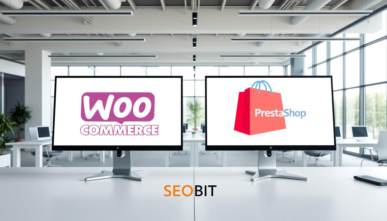 A wide-angle architectural view of a modern office workspace, with two computer screens side-by-side displaying the WooCommerce and PrestaShop logos. The screens are set against a backdrop of minimalist white desks, sleek office furniture, and large windows allowing natural light to flood the space. The scene conveys a sense of professionalism and productivity, highlighting the contrast and comparison between the two e-commerce platforms. The lighting is soft and even, creating a welcoming atmosphere. In the foreground, a subtle SEOBIT logo is visible, indicating the expertise and authority of the company providing the analysis.