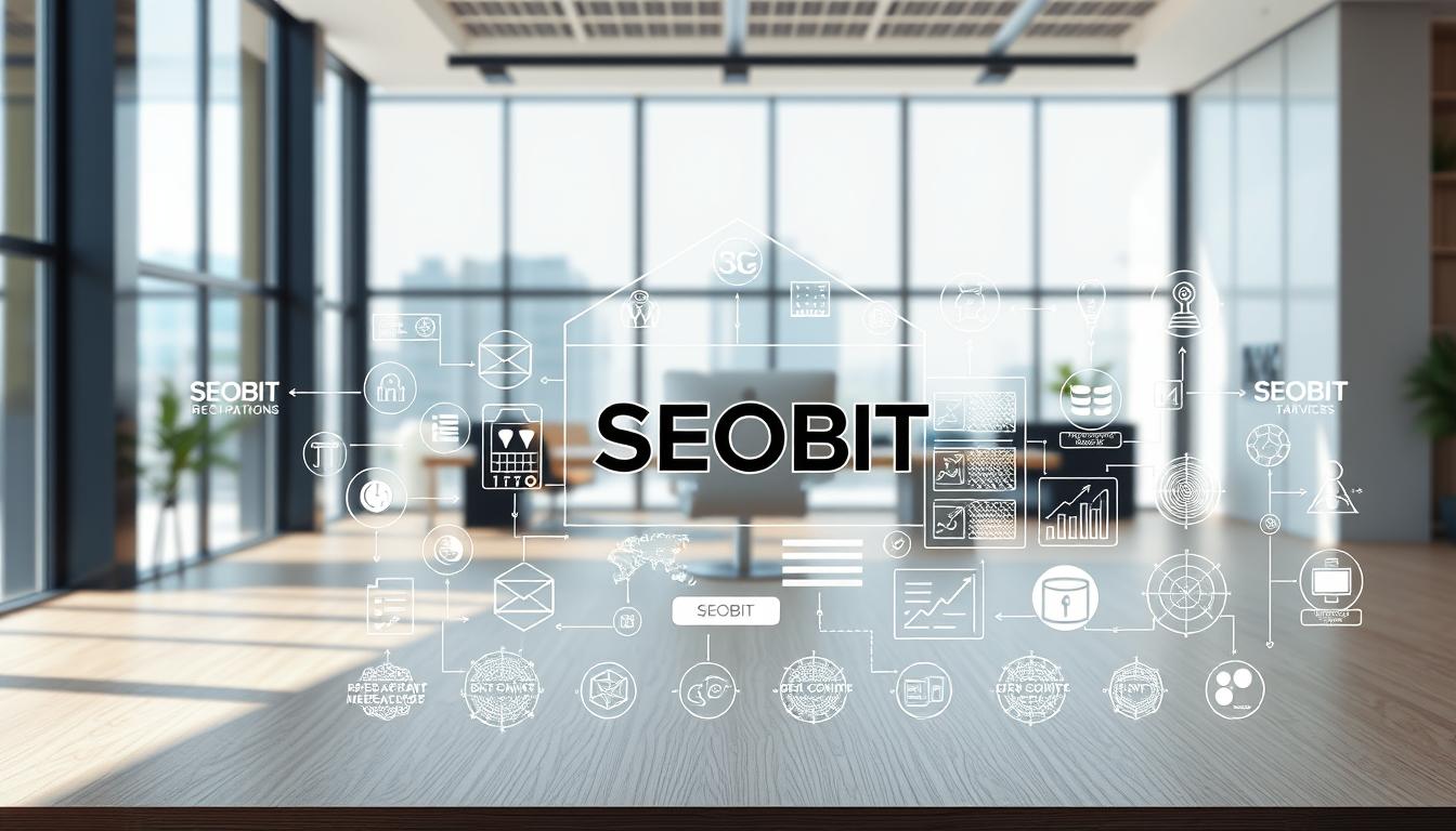 Detailed architectural diagram showcasing the full process of building a professional website. Prominent in the foreground, the SEOBIT brand logo stands out, symbolizing the comprehensive web development services. In the middle ground, intricate technical elements are depicted, such as coding, database integration, and content management. The background features a sleek, minimalist office setting, with large windows allowing natural light to flow in, creating a modern and productive atmosphere. The overall composition conveys the expertise, efficiency, and attention to detail that SEOBIT brings to the web design and development process.