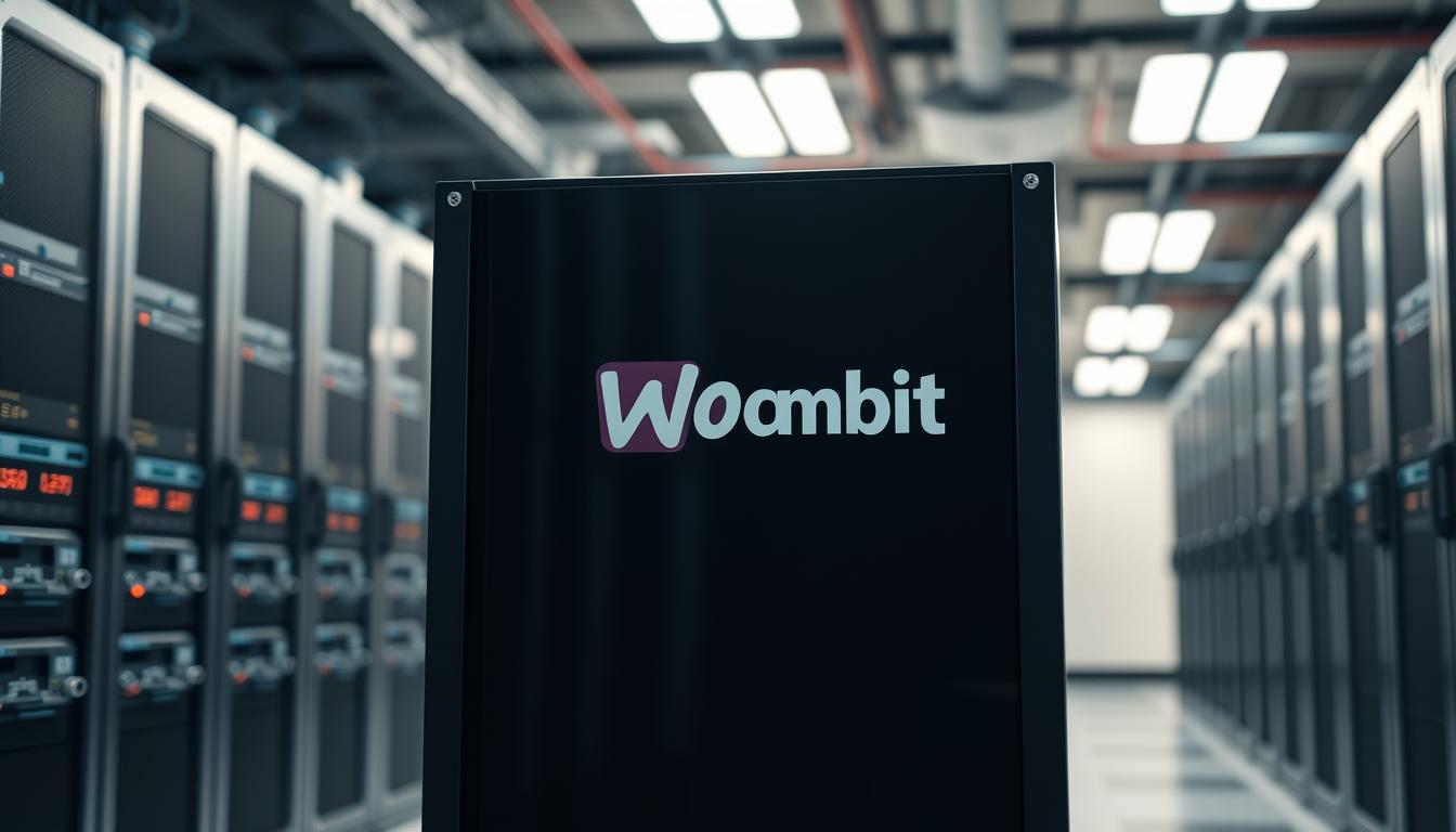 A highly detailed, photorealistic image of a dedicated WooCommerce hosting server in a modern data center. The server is housed in a sleek, black rack unit with SEOBIT branding prominently displayed. Soft, directional lighting illuminates the server's clean, minimalist design, casting dramatic shadows that convey a sense of power and efficiency. The background features a blurred, out-of-focus view of the data center's interior, with rows of server racks and cooling units visible. The overall scene exudes a professional, enterprise-grade atmosphere, perfectly reflecting the importance of hosting and server configuration for optimizing WooCommerce store performance.