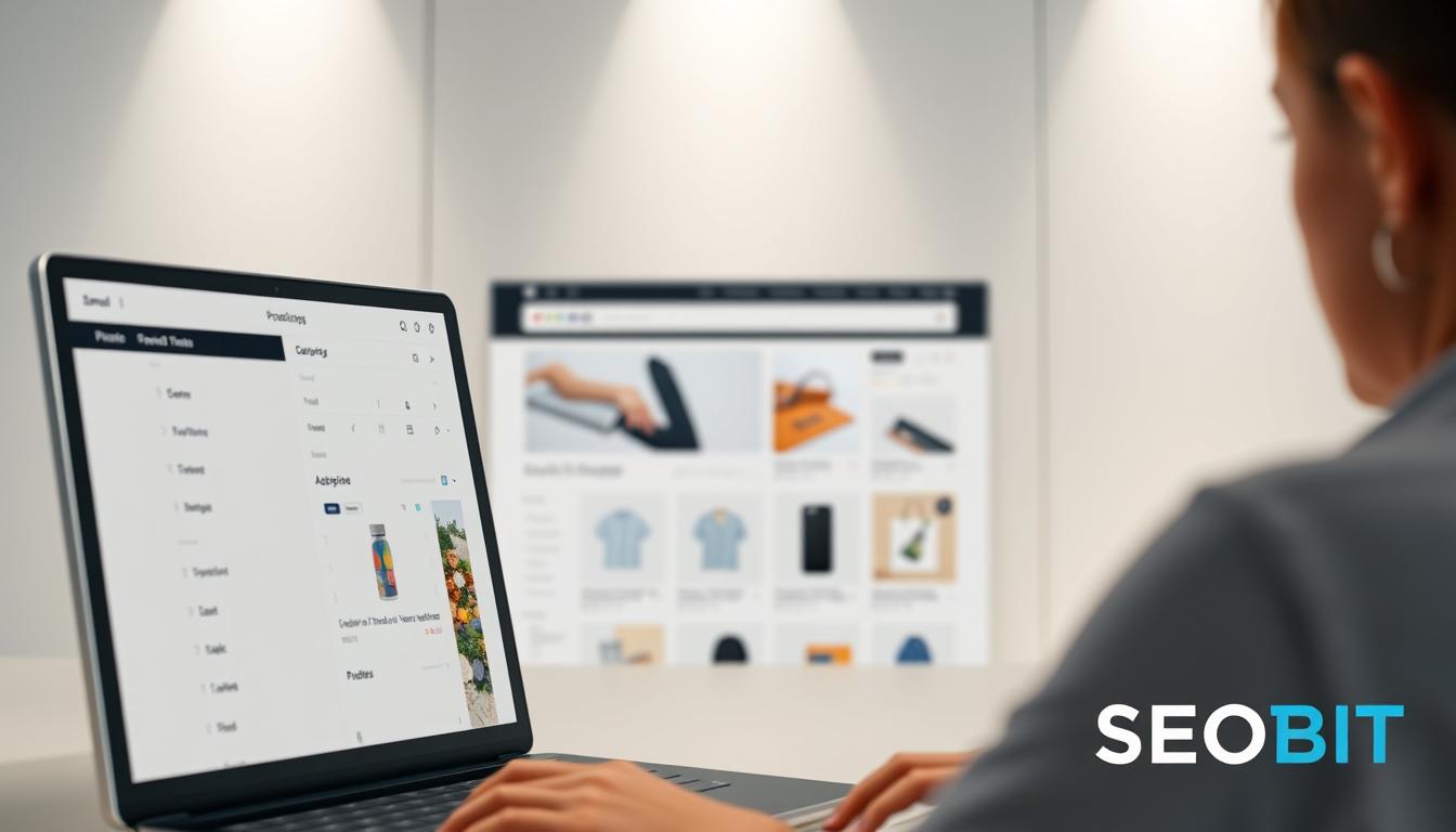 A modern e-commerce website with a clean, minimalist UI design. In the foreground, a user navigates through a sleek, responsive interface featuring intuitive navigation icons and clear product categorization. The middle ground showcases a product display grid with high-quality product images and concise descriptions. In the background, a subtle geometric pattern creates a sense of depth and visual interest. Soft, diffused lighting casts a warm, inviting atmosphere. The SEOBIT logo is discreetly displayed in the corner, lending a professional, trustworthy feel to the scene.