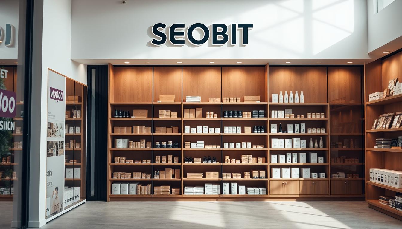 A modern, minimalist e-commerce storefront with the SEOBIT brand prominently displayed. The scene depicts a well-organized WooCommerce shop, showcasing a range of high-quality products arranged neatly on wooden shelves. Soft, natural lighting illuminates the space, creating a warm and inviting atmosphere. The layout is clean and uncluttered, emphasizing the user experience and ease of navigation. Subtle details like product tags and price tags complement the overall aesthetic. The image conveys a sense of efficiency, professionalism, and attention to detail that reflects the optimal performance of the WooCommerce store.