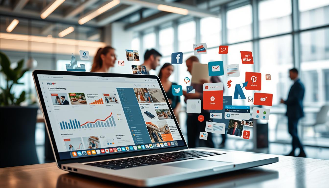 A vibrant e-commerce scene, capturing the essence of content marketing. In the foreground, a laptop displays a SEOBIT dashboard, showcasing insightful analytics and strategies. Surrounding it, a collage of content elements - social media posts, blog articles, product images - all seamlessly integrated. In the middle ground, a team of digital marketers collaborates, brainstorming ideas to drive online sales. The background features a sleek, modern office environment, with large windows allowing natural light to pour in, creating a sense of creativity and productivity. The overall mood is one of efficiency, innovation, and a data-driven approach to content-powered e-commerce success.