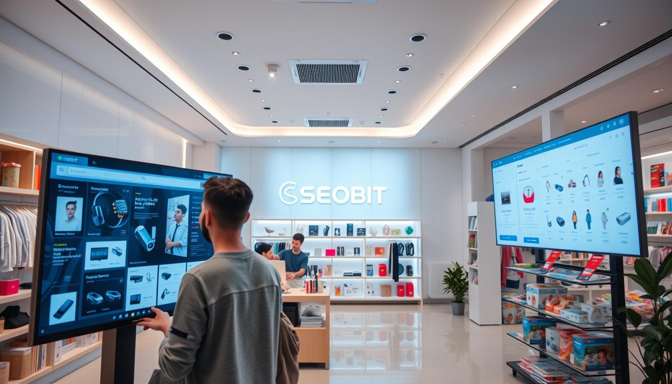An interior of a modern, well-designed online store showcasing a seamless user experience. The foreground features a customer browsing products on a large, high-resolution display with intuitive navigation and clear product information. The middle ground showcases an array of well-organized product categories and search functionality, allowing for efficient browsing. The background depicts a clean, minimalist store layout with a prominent SEOBIT brand logo, conveying a sense of professionalism and attention to detail. The overall mood is one of simplicity, accessibility, and a customer-centric approach to e-commerce.